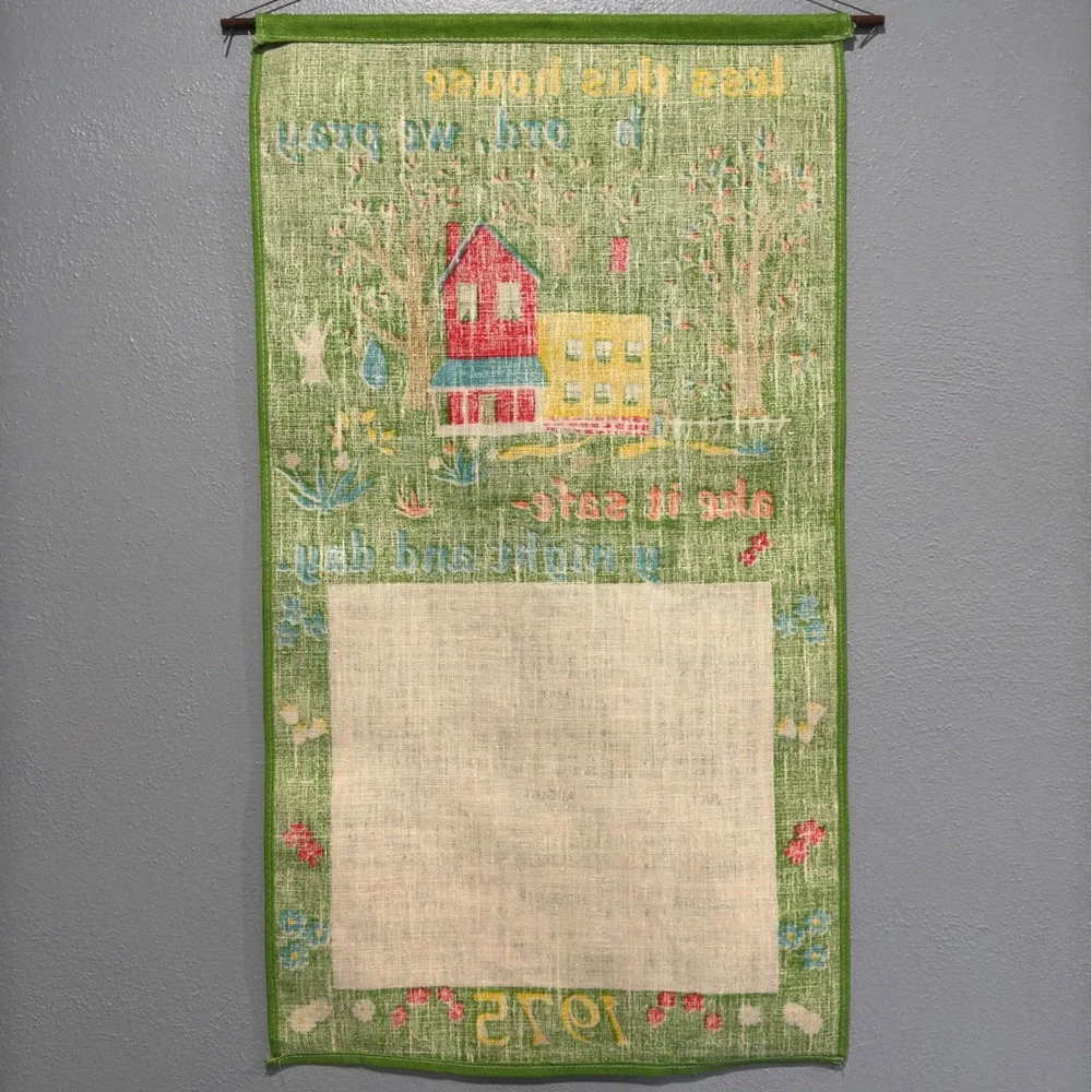 Vtg 1975 Linen Calendar Tea Towel Wall Hanging Green Folk Art Bless This House